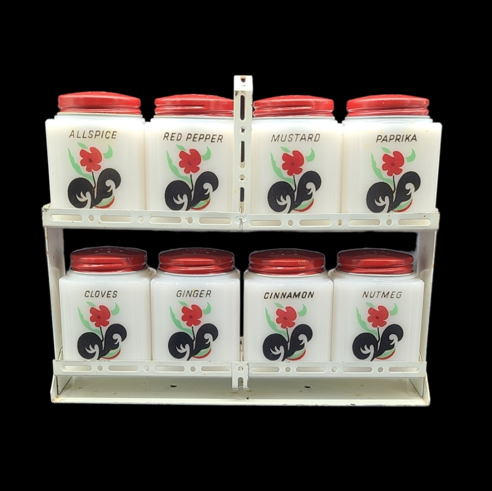 Vintage Tipp City Black Leaf Flower Milk Glass Spice Shakers w/ Tilted Rack